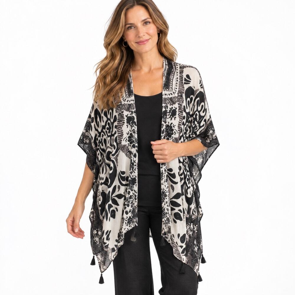Vince Camuto Bird Floral Kimono Beach Cover Wrap Black White Boho Tassel OS